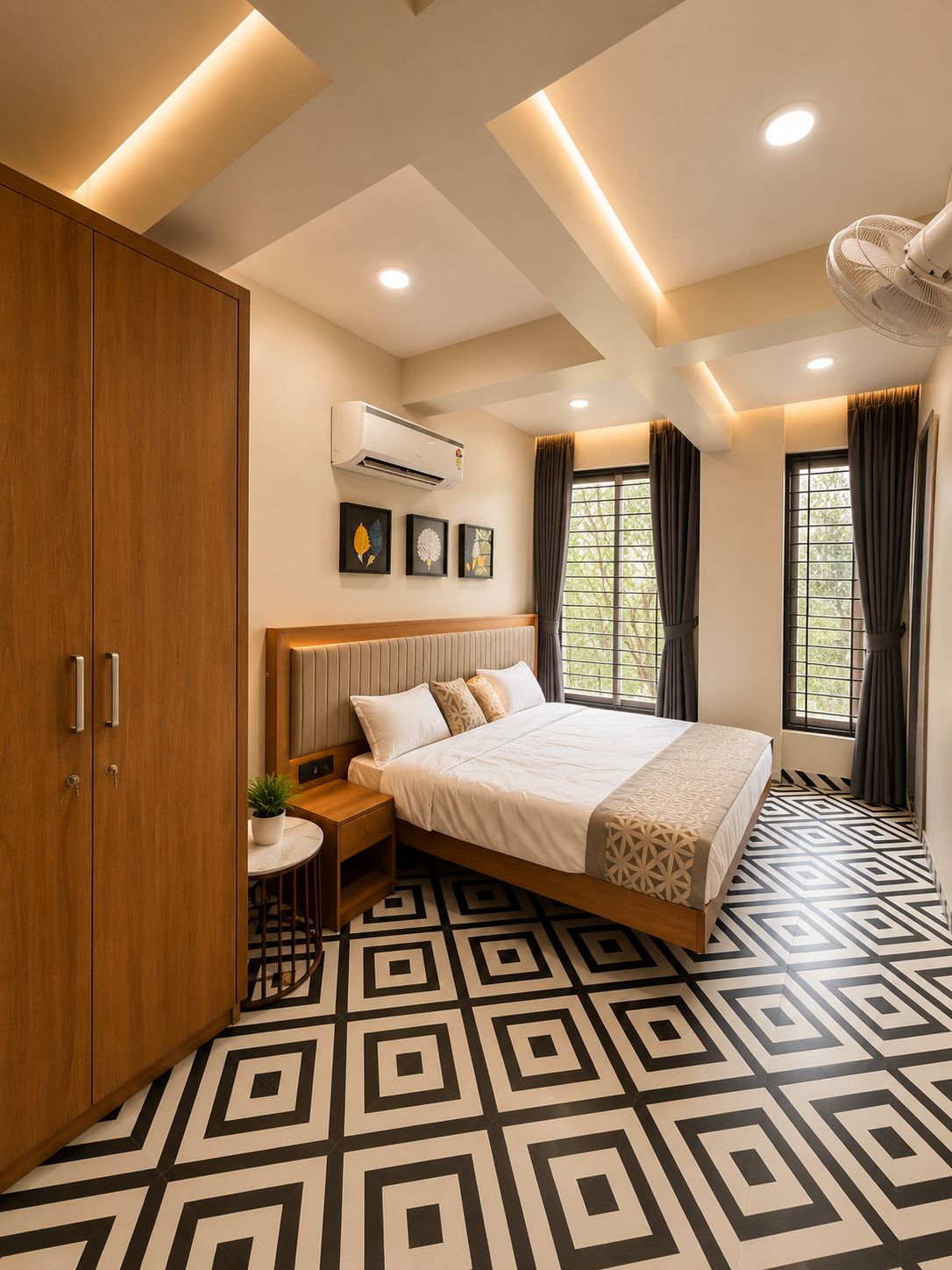 Un dormitorio moderno con cama, mesita de noche y armario.