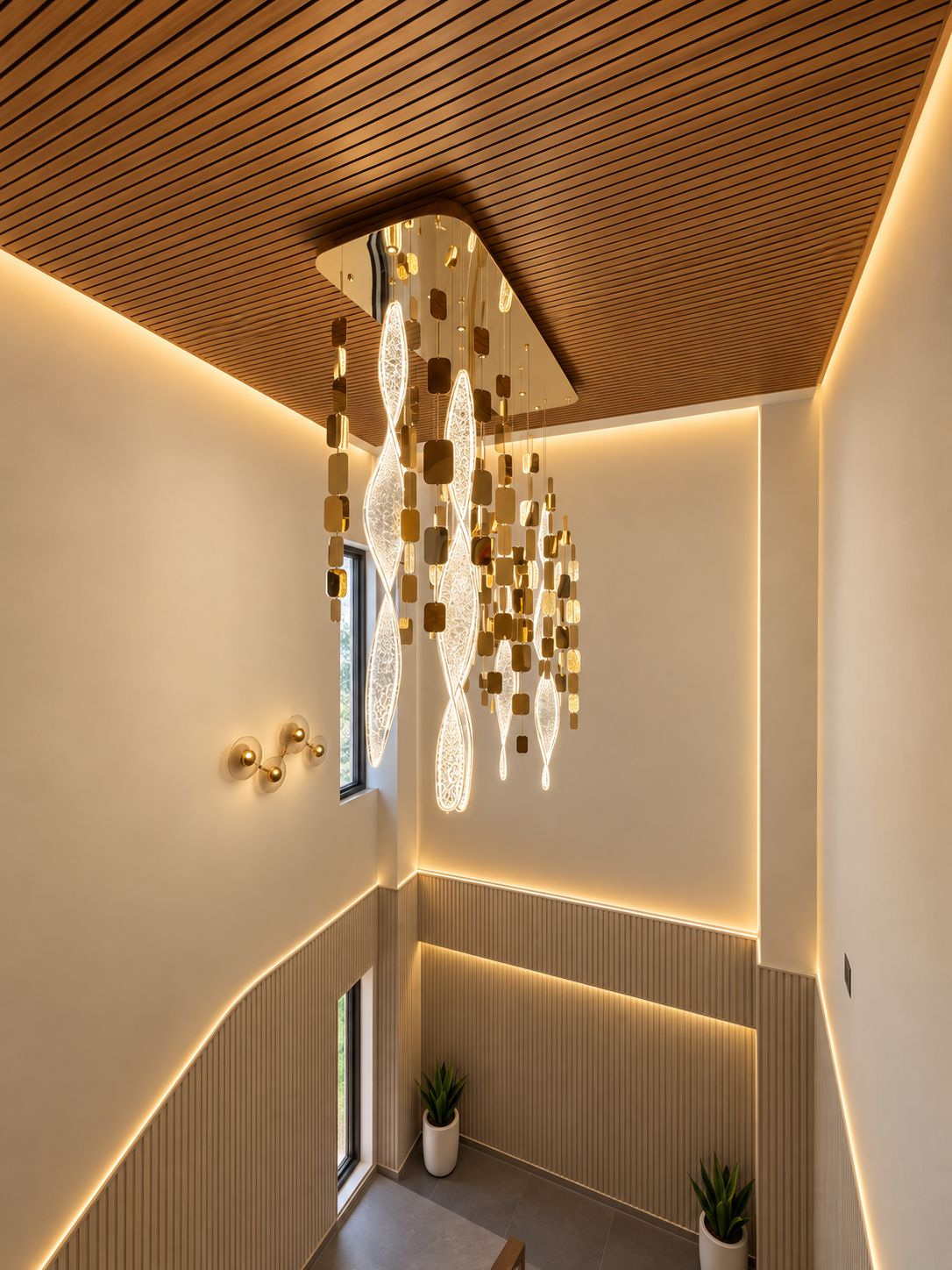 A modern interior with a sloped ceiling, recessed lighting, and a decorative light fixture.