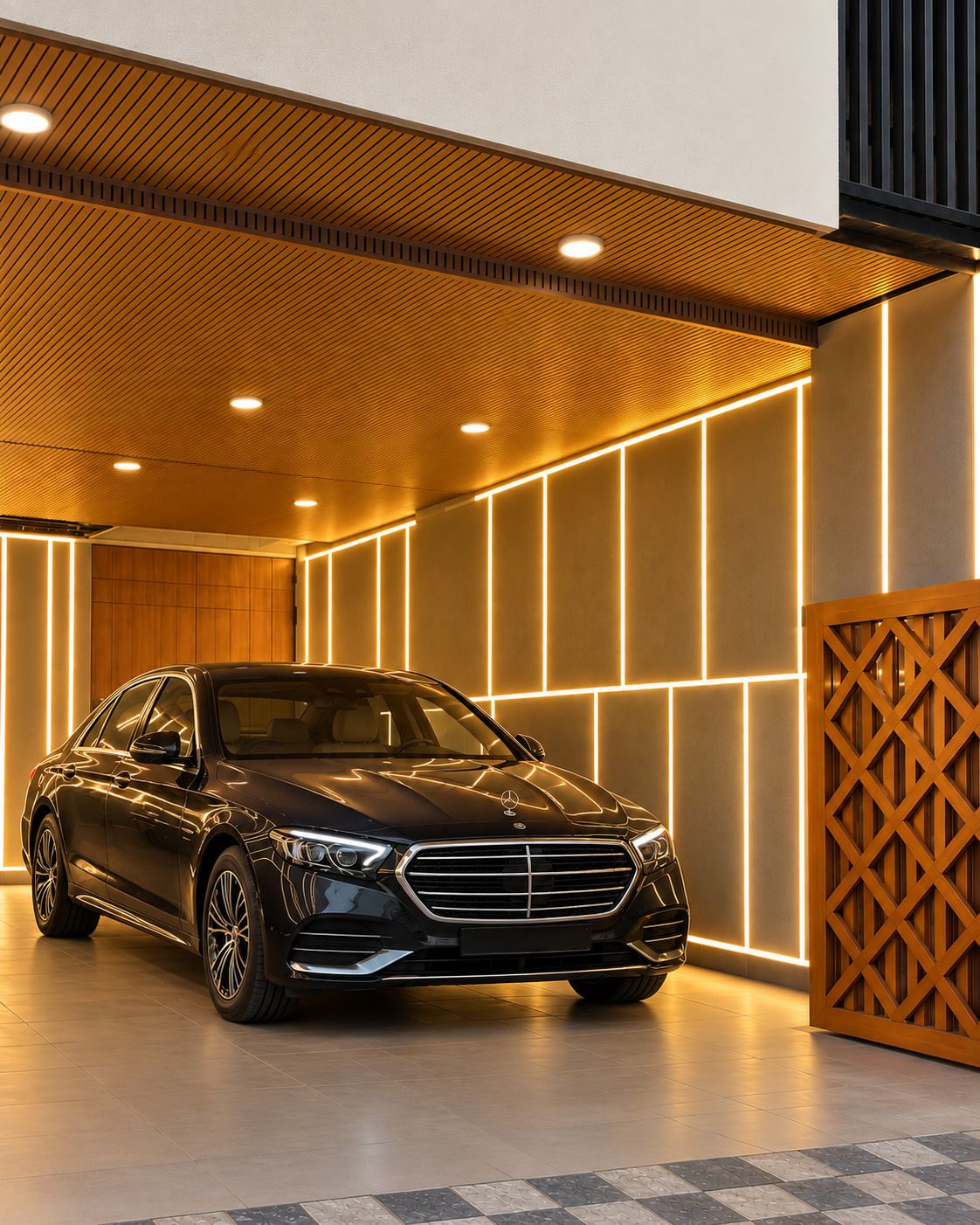 A black car parked in a modern indoor space with a wooden ceiling and illuminated wall panels.