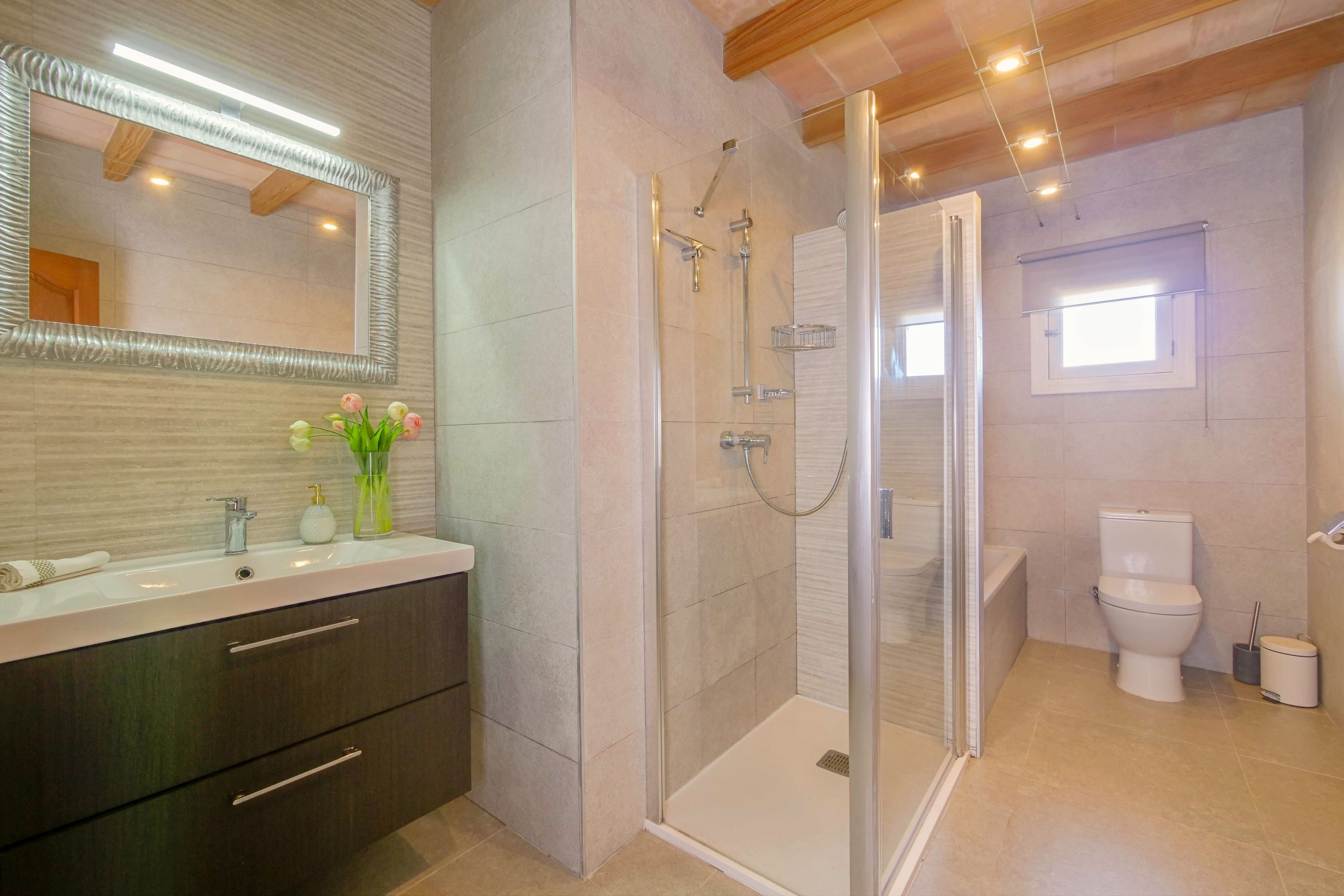 A modern bathroom with a glass-enclosed shower, a vanity with a mirror, and a toilet.