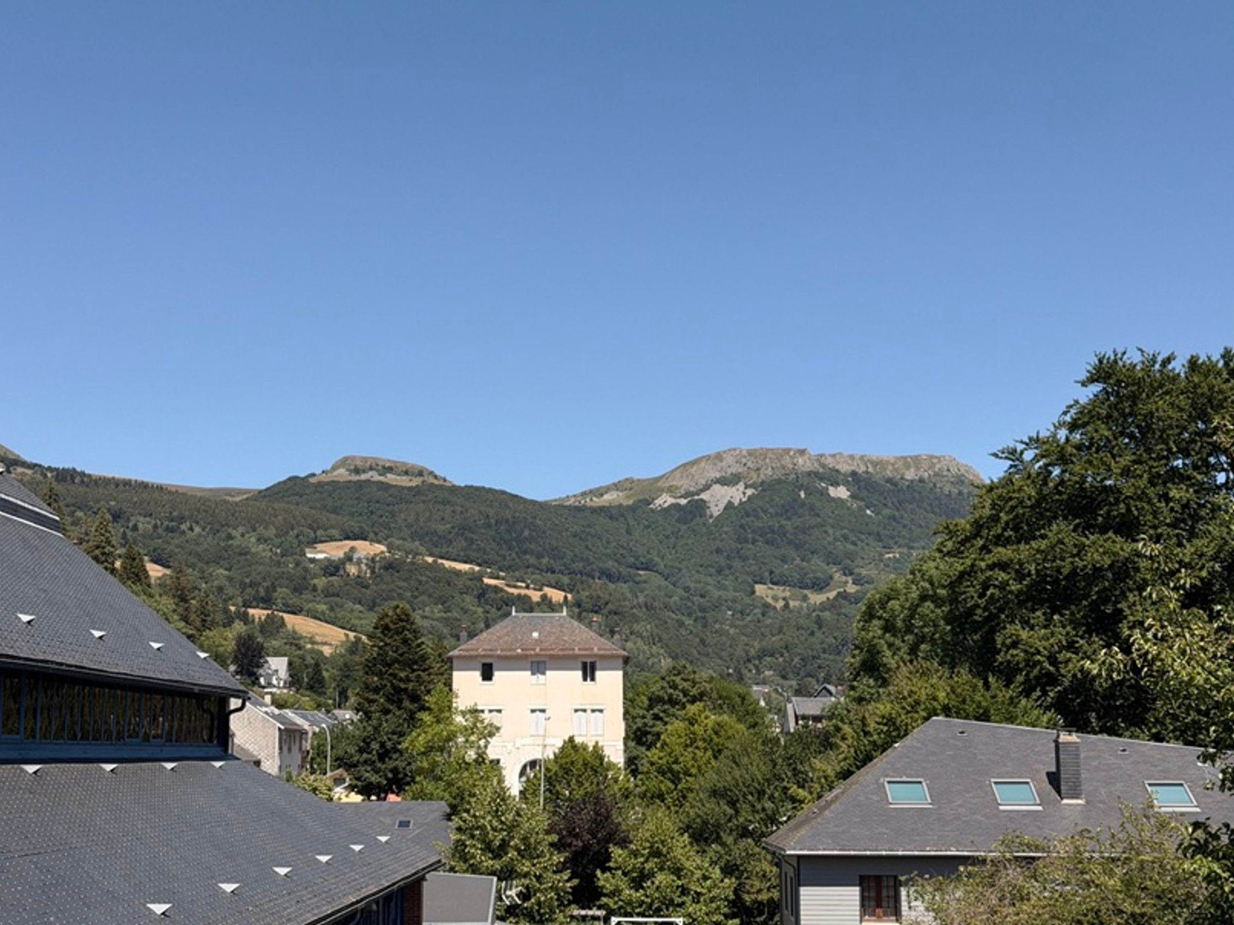 A residential area with houses, a prominent building with a tower, and a mountain range in the background.