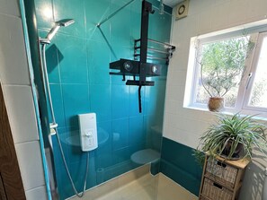 A bathroom with teal tiles, a shower, a toilet, a window with a view, and a potted plant. - Ty Marlyn, St Davids (Haverfordwest)