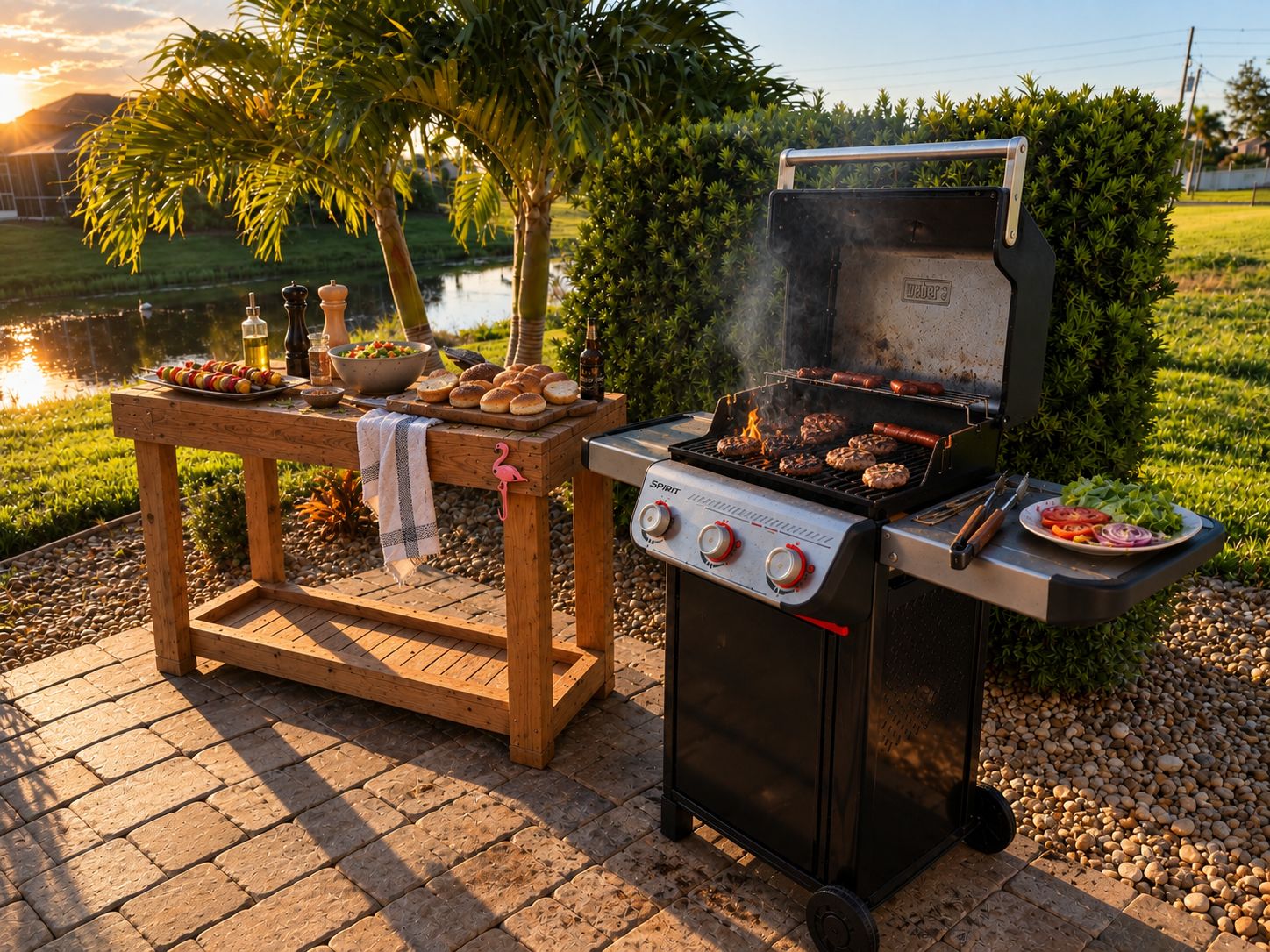 An outdoor grilling setup with a portable gas grill and a wooden table with food and condiments.