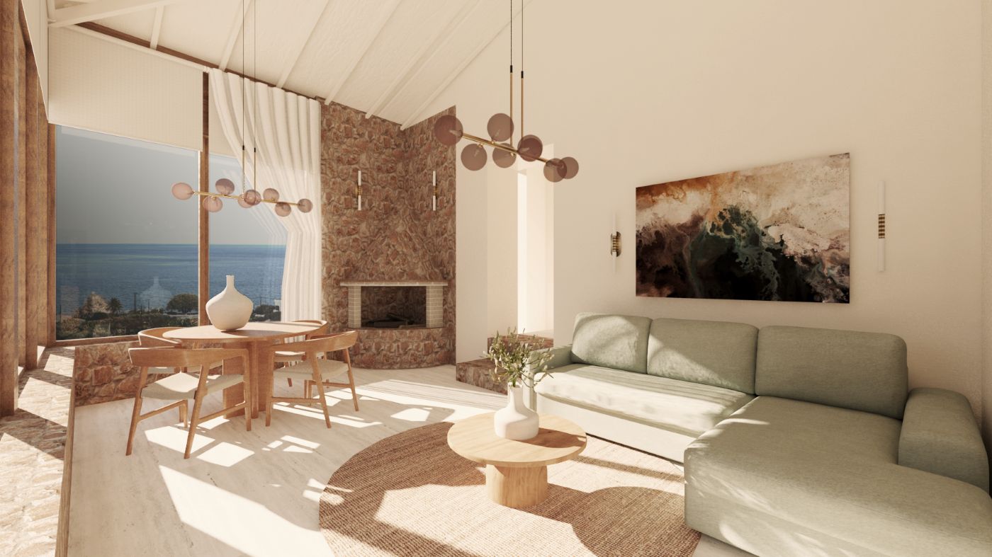 A modern living room with a stone fireplace, a green sofa, and a large painting.
