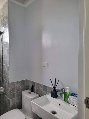 Ein Badezimmer mit einem weißen Waschbecken, einer Toilette und einer Duschkabine.