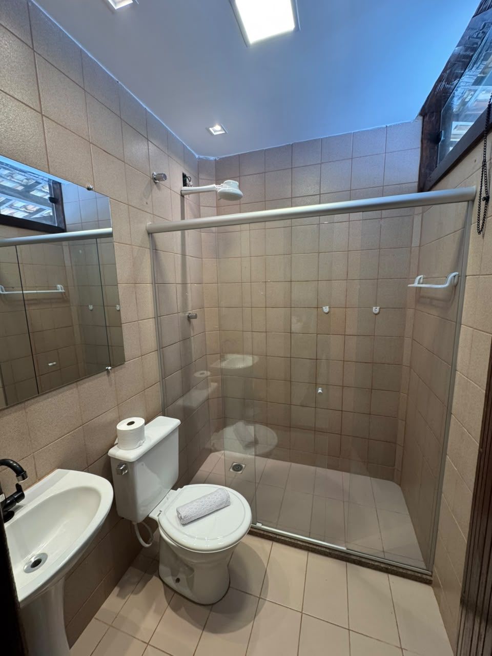 A bathroom with a shower, toilet, sink, and a mirror.