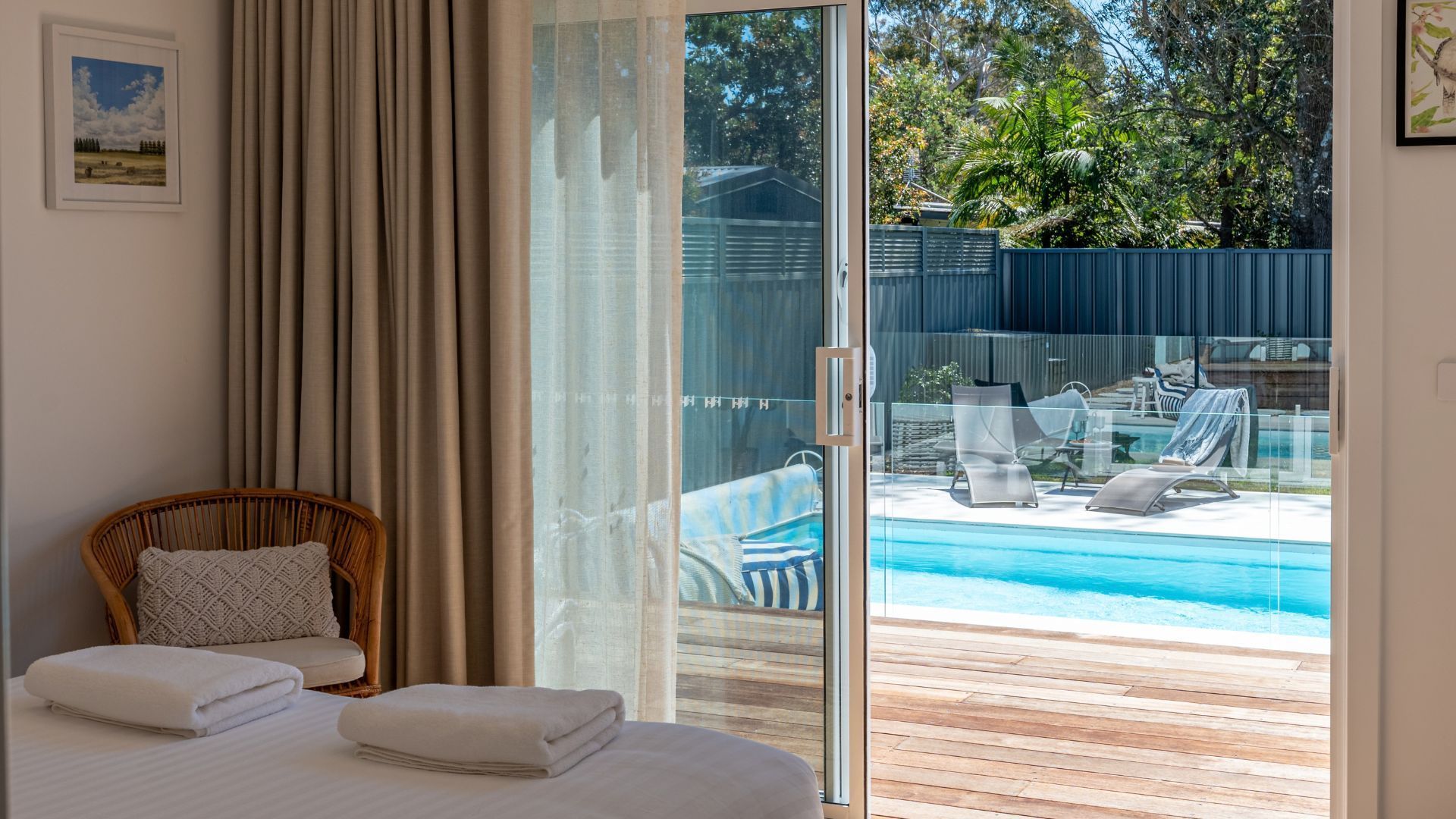 Bellaburra | Bedroom 1 | Access to back deck | Views of swimming pool
