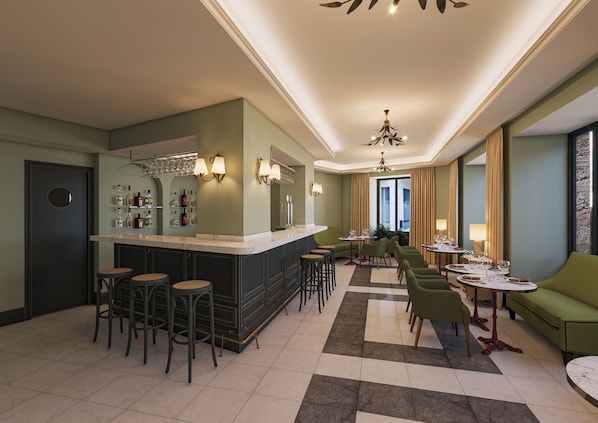 A hotel bar/lounge area with a bar counter, stools, and seating arrangements. - Casa Alameda 1760 Member Of Melia Collection (Cadiz)