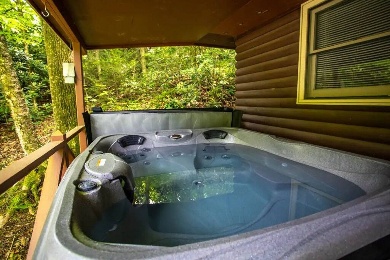 Un bain à remous doté de plusieurs jets, entouré d ’une terrasse en bois et d’une végétation luxuriante.
