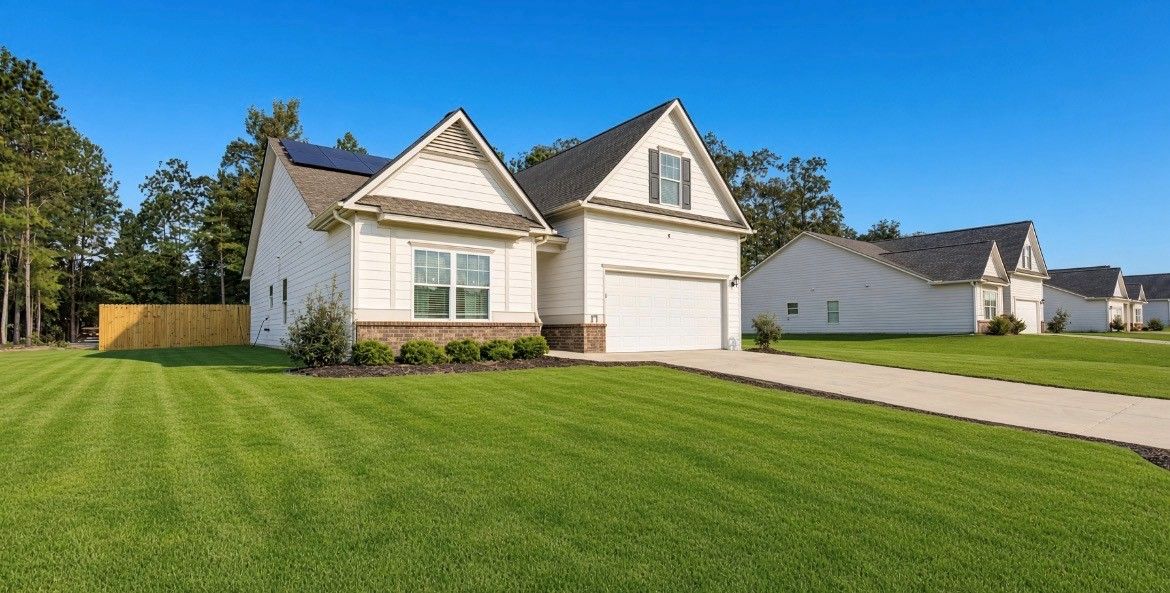 A residential property with a well-maintained lawn, a single-story house with a garage, and a neighboring house.