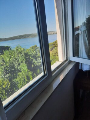 Ein Fenster mit Blick auf ein Gewässer und viel Grün.