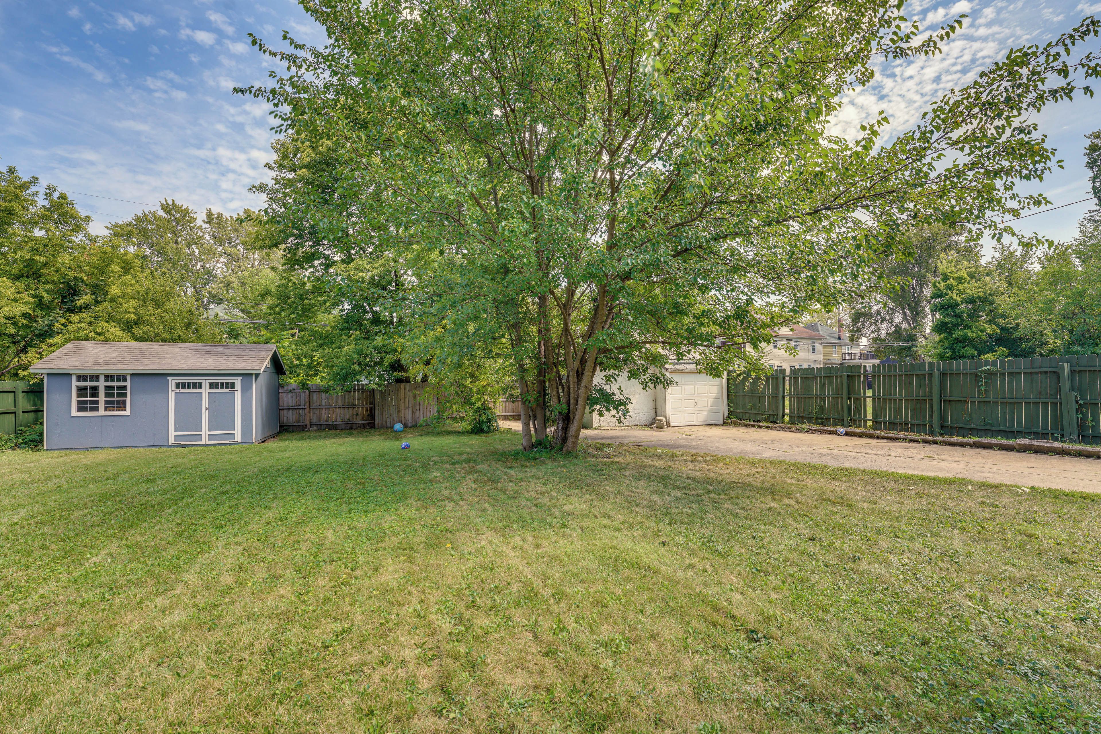 Un patio trasero residencial con un árbol, un cobertizo y una casa.
