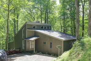 A single-story house with a sloped roof, a front porch, and a satellite dish. - Long-range Views in Gated Wolf Laurel/ski/ashville (Mars Hill)