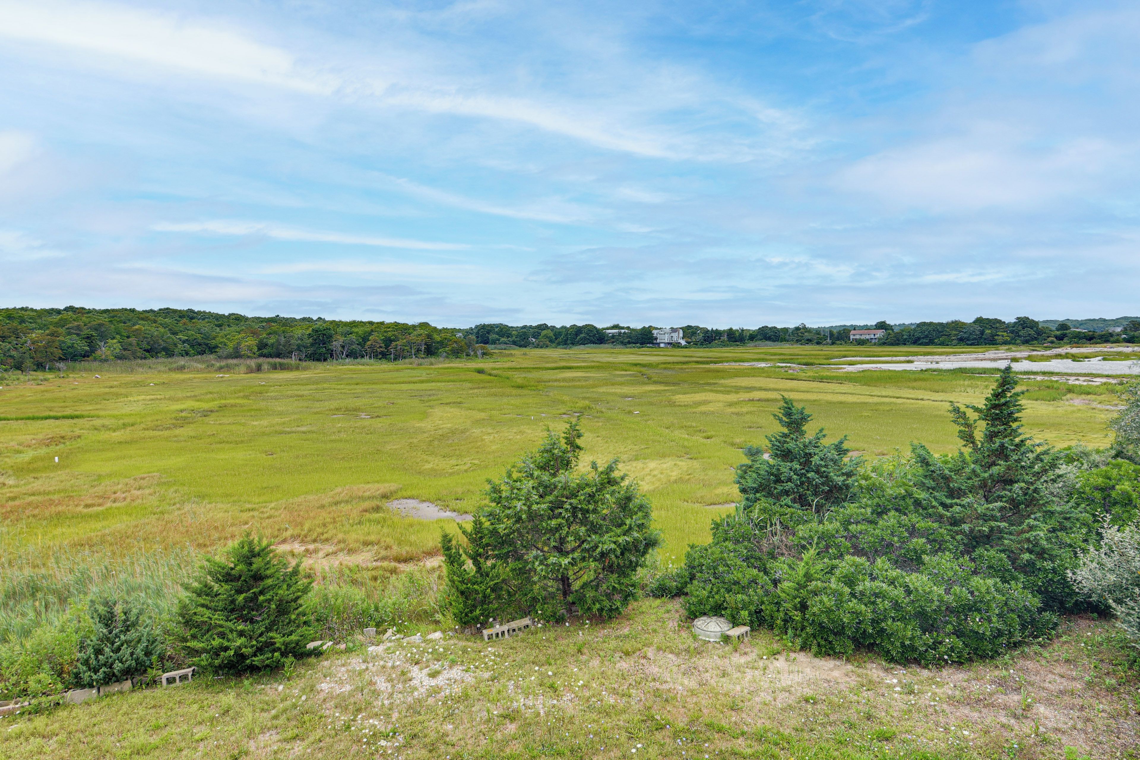 A vast open field with a few trees in the foreground, a distant building, and a clear sky.