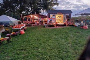 A small, single-story building with a porch and a covered outdoor area, surrounded by a grassy field. - Cozy Highland Cow Retreat - 4 Mi to JMU (Penn Laird)