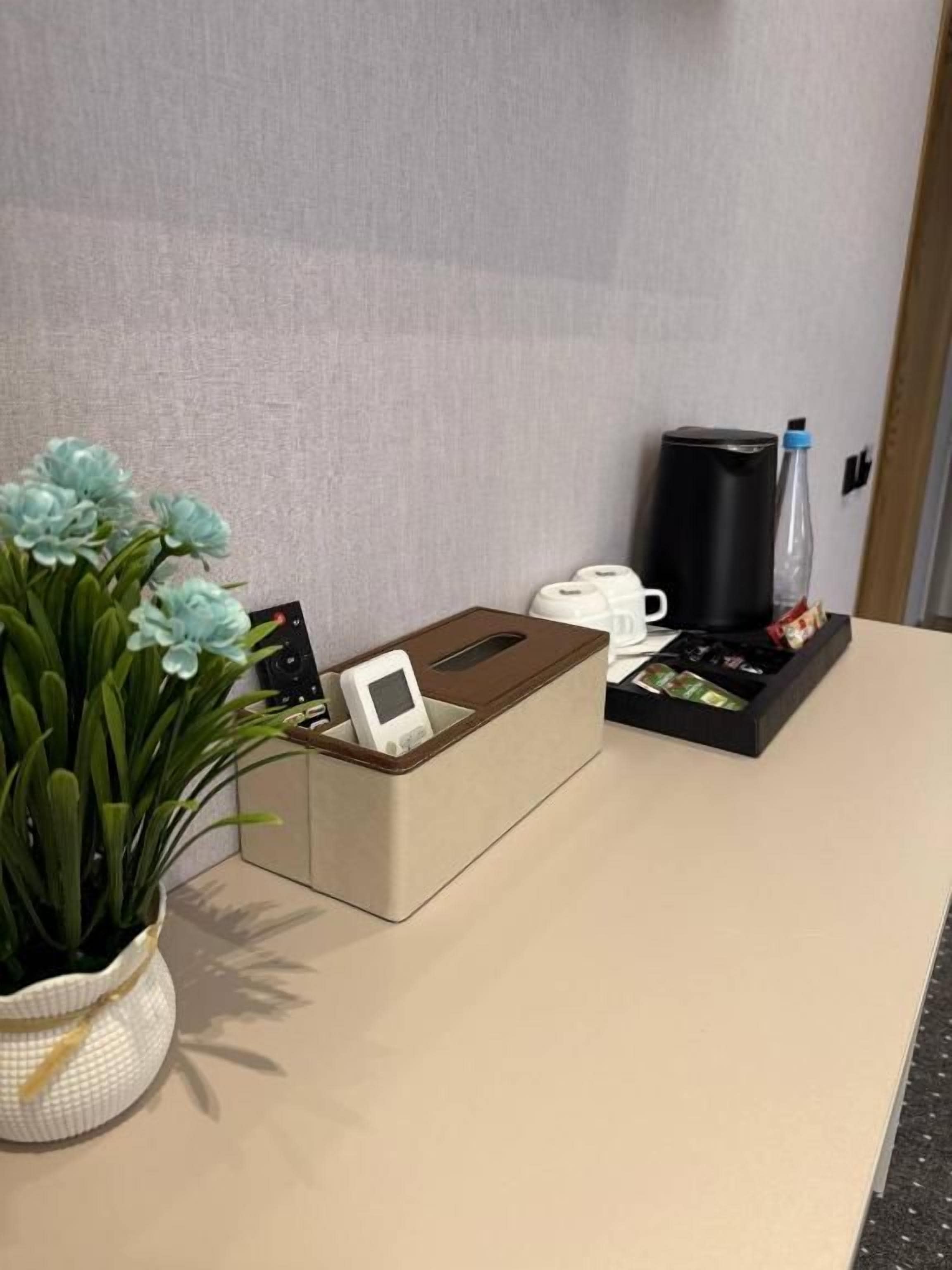 A hotel reception desk with a potted plant, a coffee machine, and a small display case.