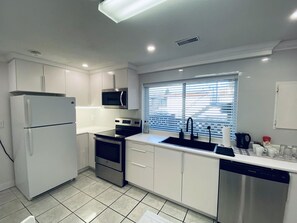 A modern kitchen with white cabinets, stainless steel appliances, a window with blinds, and a dishwasher. - Clean Spacious Vancouver home - Nanaimo skytrain - Trout Lake (Vancouver)