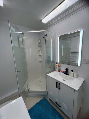 Un baño moderno con ducha envuelta en vidrio, un lavabo blanco y un espejo encima.