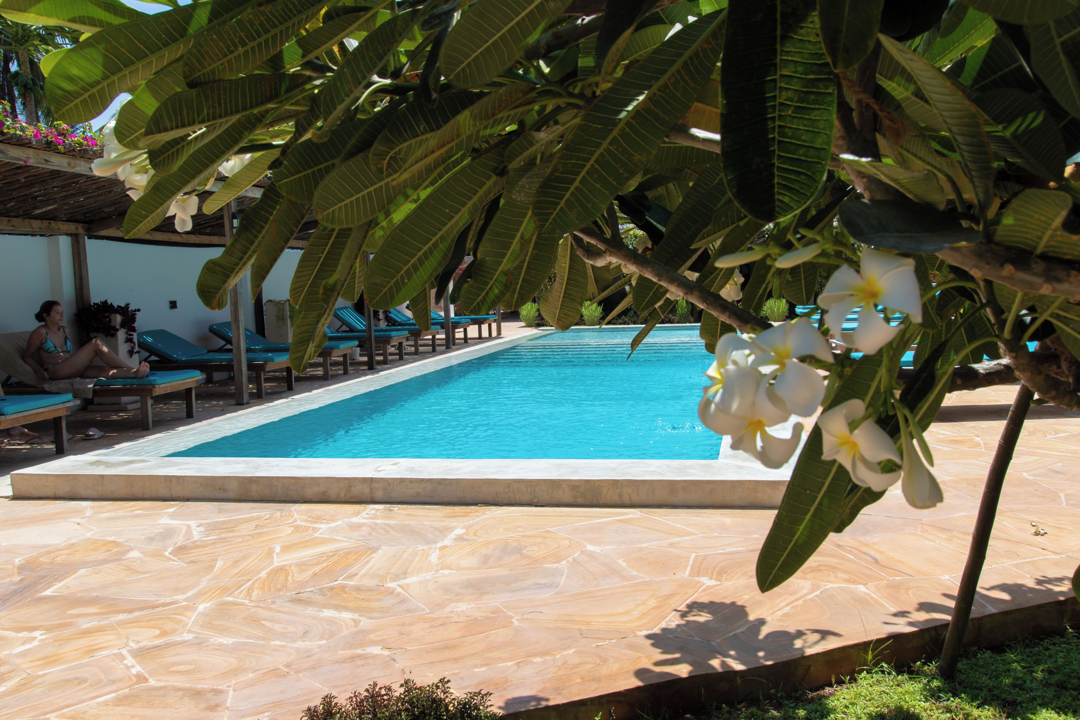 A swimming pool with lounge chairs and a covered seating area.