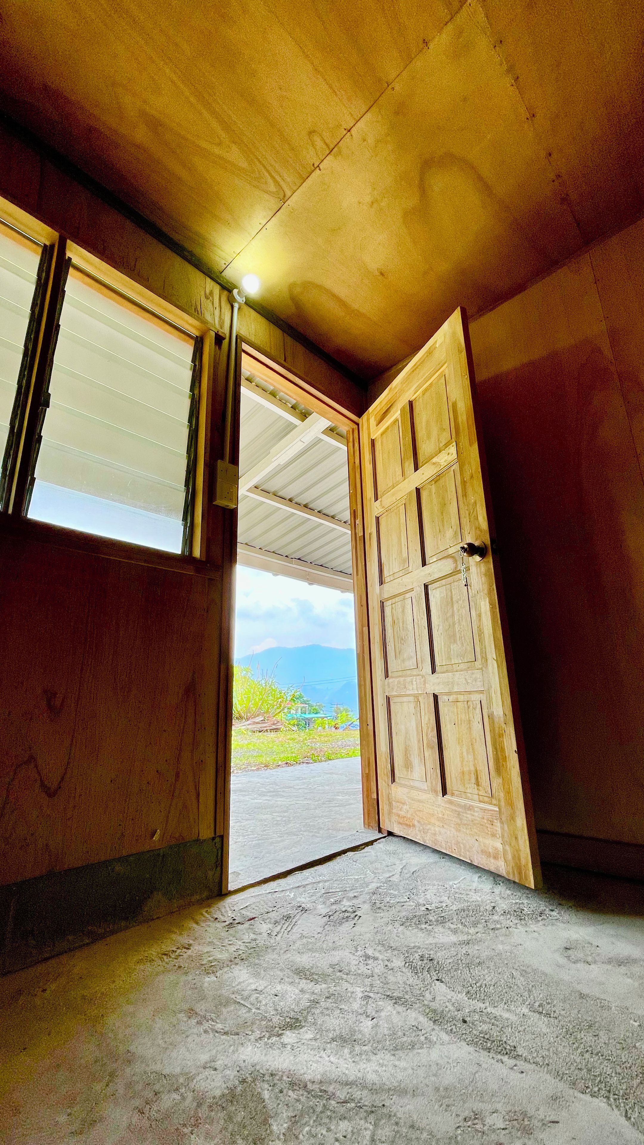 An open wooden door leading to an outdoor area with a view of mountains.