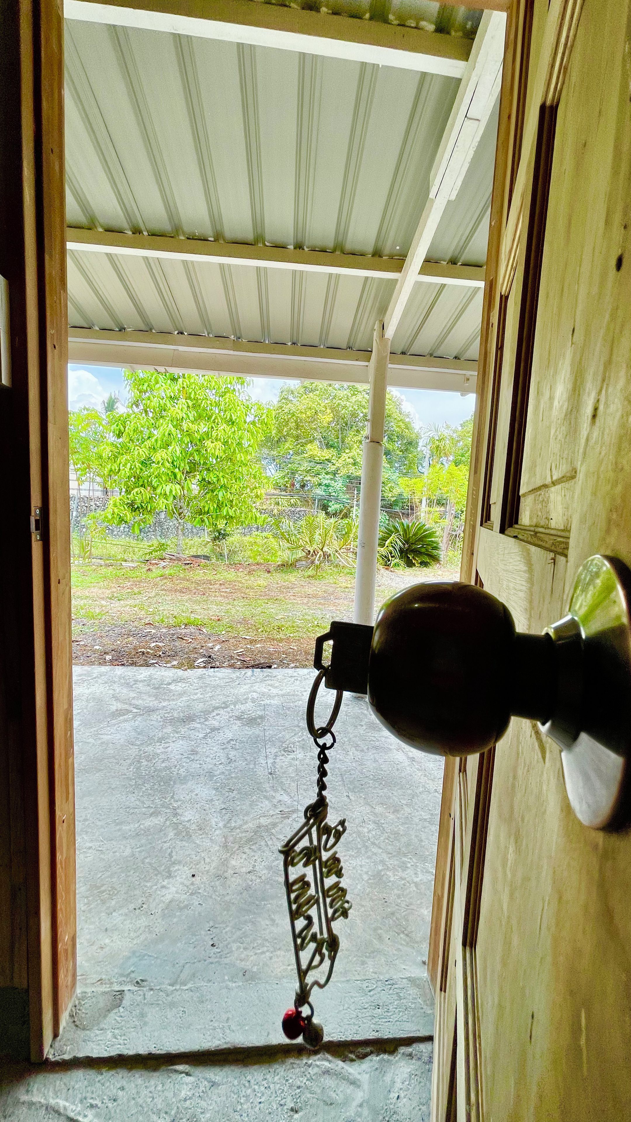 An open door with a metal object hanging on the wall, a concrete ground, and greenery outside.
