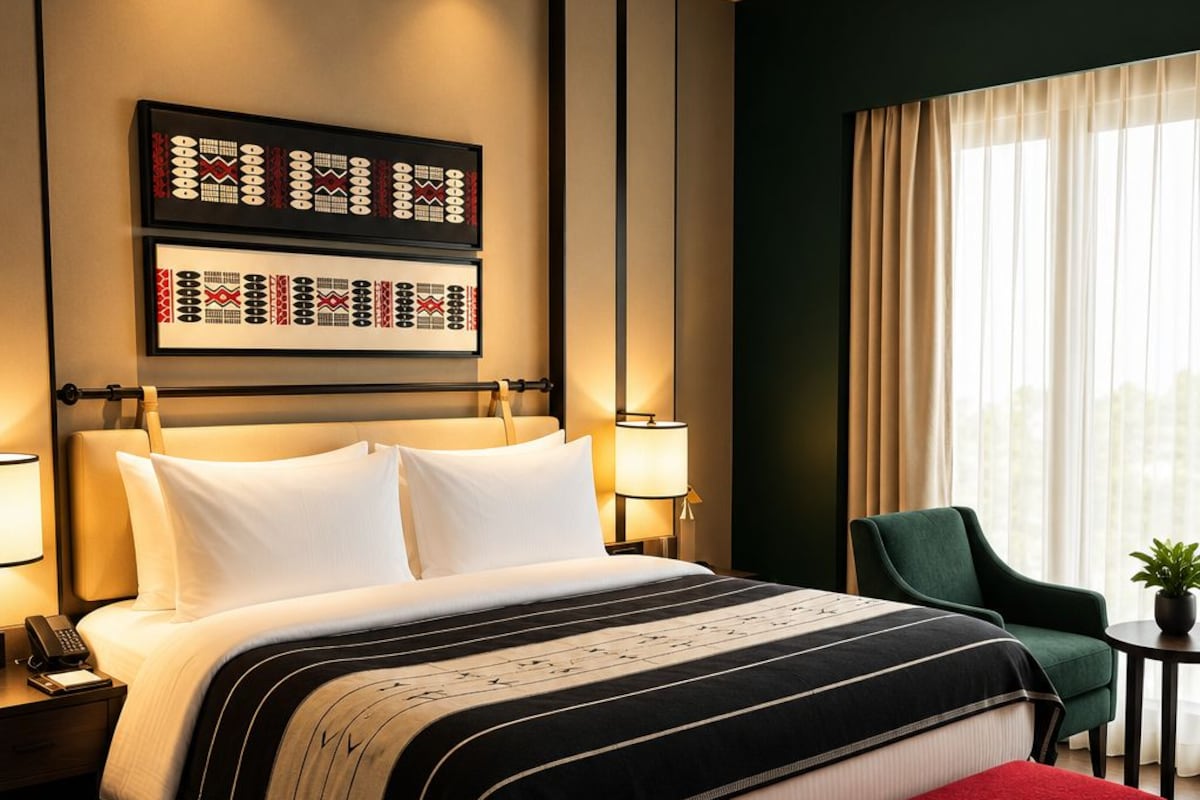 A hotel room with a large bed, bedside lamps, a red bench, a green chair, and a view of the outdoors through a window.