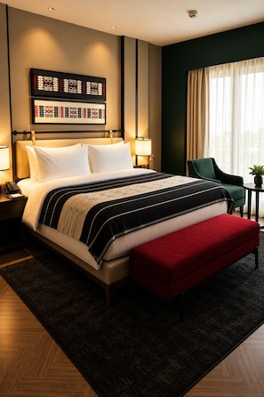 A hotel room with a large bed, bedside lamps, a red bench, a green chair, and a view of the outdoors through a window. - Polo Hotel Kohima (Kohima)