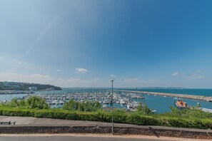 Un puerto deportivo con numerosos barcos amarrados, un cielo despejado y una costa rocosa.