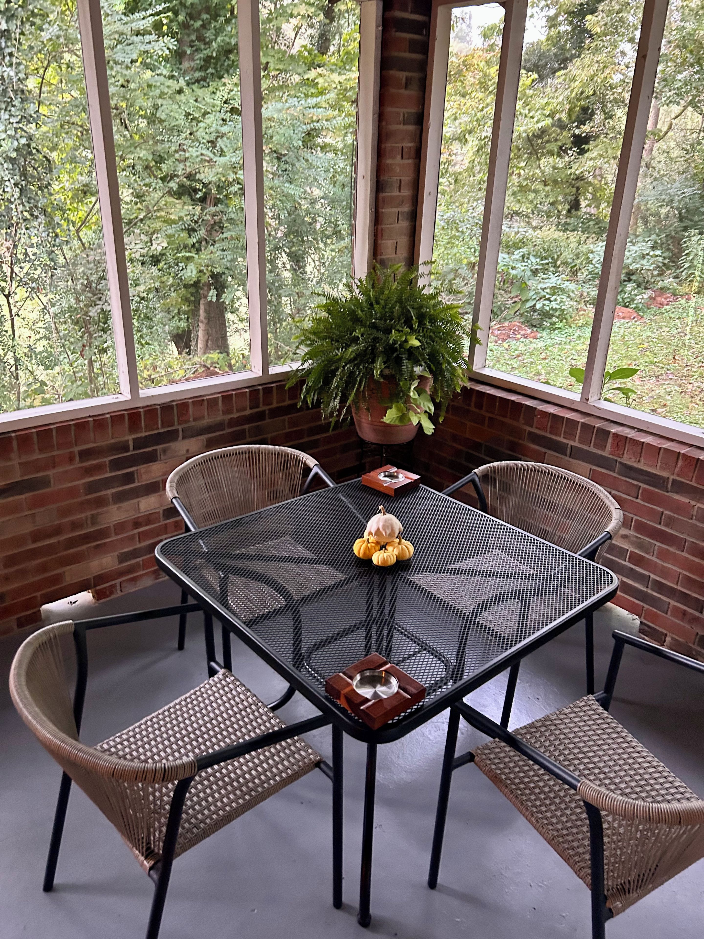 A dining area with a metal table and wicker chairs, a potted plant, and a view of trees through large windows.