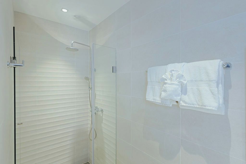 Een moderne badkamer met een douche met glazen wand, een handdoekrek met een opgevouwen handdoek en een wandbeugel voor het verwarmen van handdoeken.