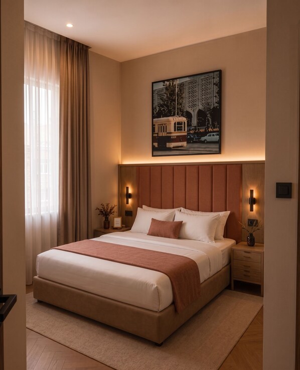 A modern hotel bedroom with a large bed, bedside lamps, a nightstand, a window with curtains, and a cityscape painting on the wall.