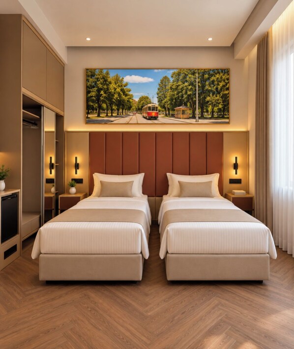 A hotel room with two beds, a large window with curtains, a painting above the beds, and a wardrobe.