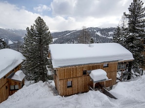A wooden cabin with a snow-covered roof, surrounded by snow-covered trees and mountains in the background. - Cabin in Turrach With Sauna and Balcony (Stadl-Predlitz)