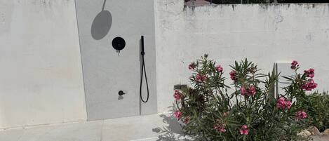 Pared blanca con ducha empotrada y una manguera. Hay flores rosas y una pequeña planta al frente.