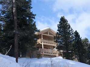 A multi-story wooden chalet with a balcony on the upper level, surrounded by snow and trees. - Cabin in Turrach With Sauna and Balcony (Stadl-Predlitz)