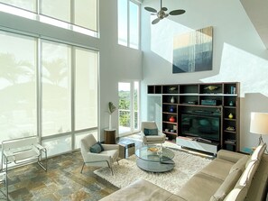A modern living room with a large TV, comfortable seating, and a bookshelf. - Casa Mare – Modern 5-Bedroom St. John Villa with Private Pool, Ocean Views & Rooftop Stargazing (cruz bay)