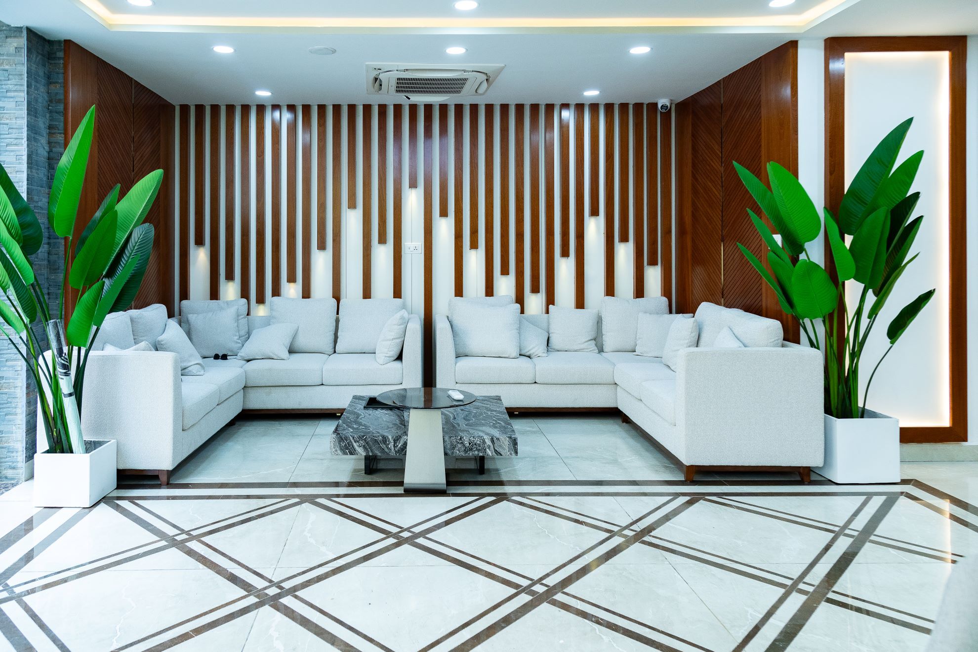 A modern living room with a sectional sofa, a coffee table, and decorative plants.