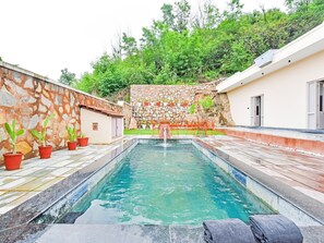 A swimming pool with a stone wall and potted plants on one side, and a building with a door on the other. - Dancenter Parijat 4bhk Pvt Villa I Pool I Udaipur (Udaipur)