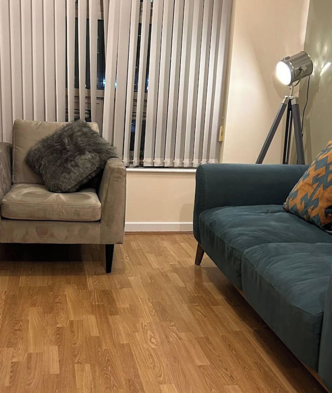 A room with a leather armchair, a blue sofa, a floor lamp, and vertical blinds.