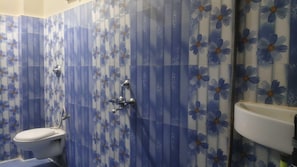 A bathroom with a toilet, a sink, and a shower area with blue floral tiles.