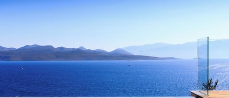 A clear view of a large body of water with mountains in the distance, a wooden deck, and a glass barrier.