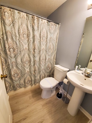 A bathroom with a toilet, sink, and shower curtain.