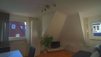 Ein Zimmer mit schrägem Dach, einem Fernseher auf einem Standfuß, einer Topfpflanze und einem fenster mit Vorhängen.
