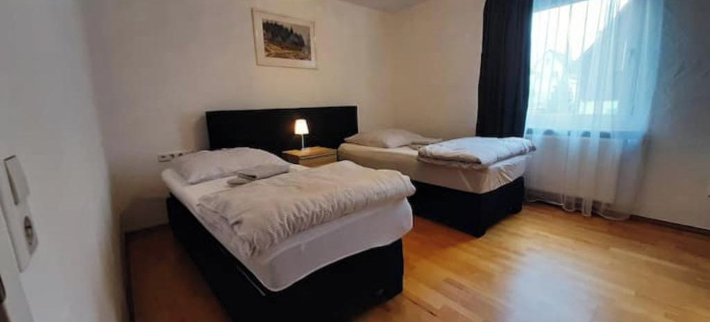 A room with two beds, a nightstand, a lamp, and a painting on the wall.