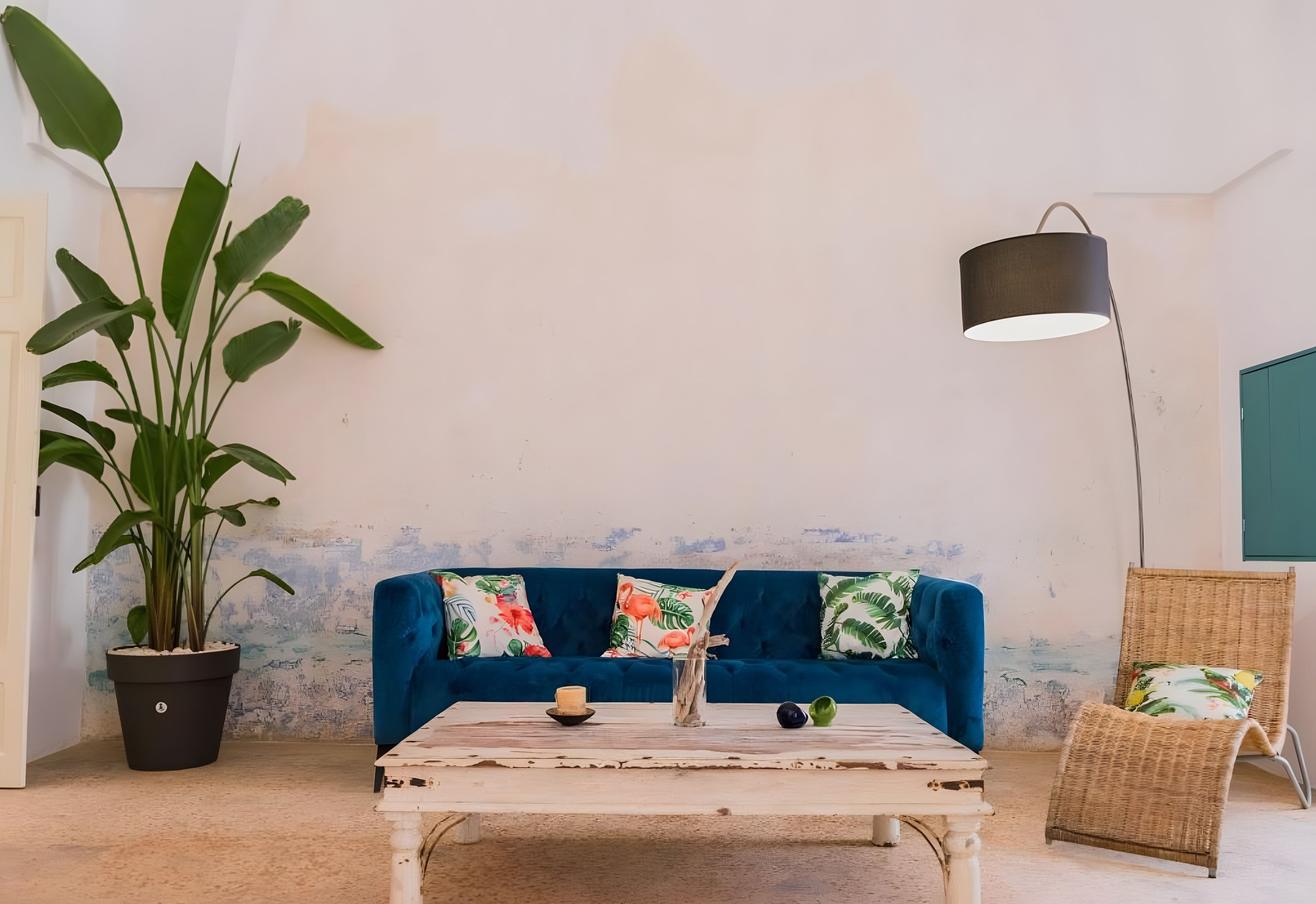 A room with a blue sofa, a coffee table, a potted plant, and a floor lamp.
