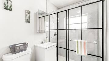 A modern bathroom with a glass shower enclosure, a white sink, and a toilet.
