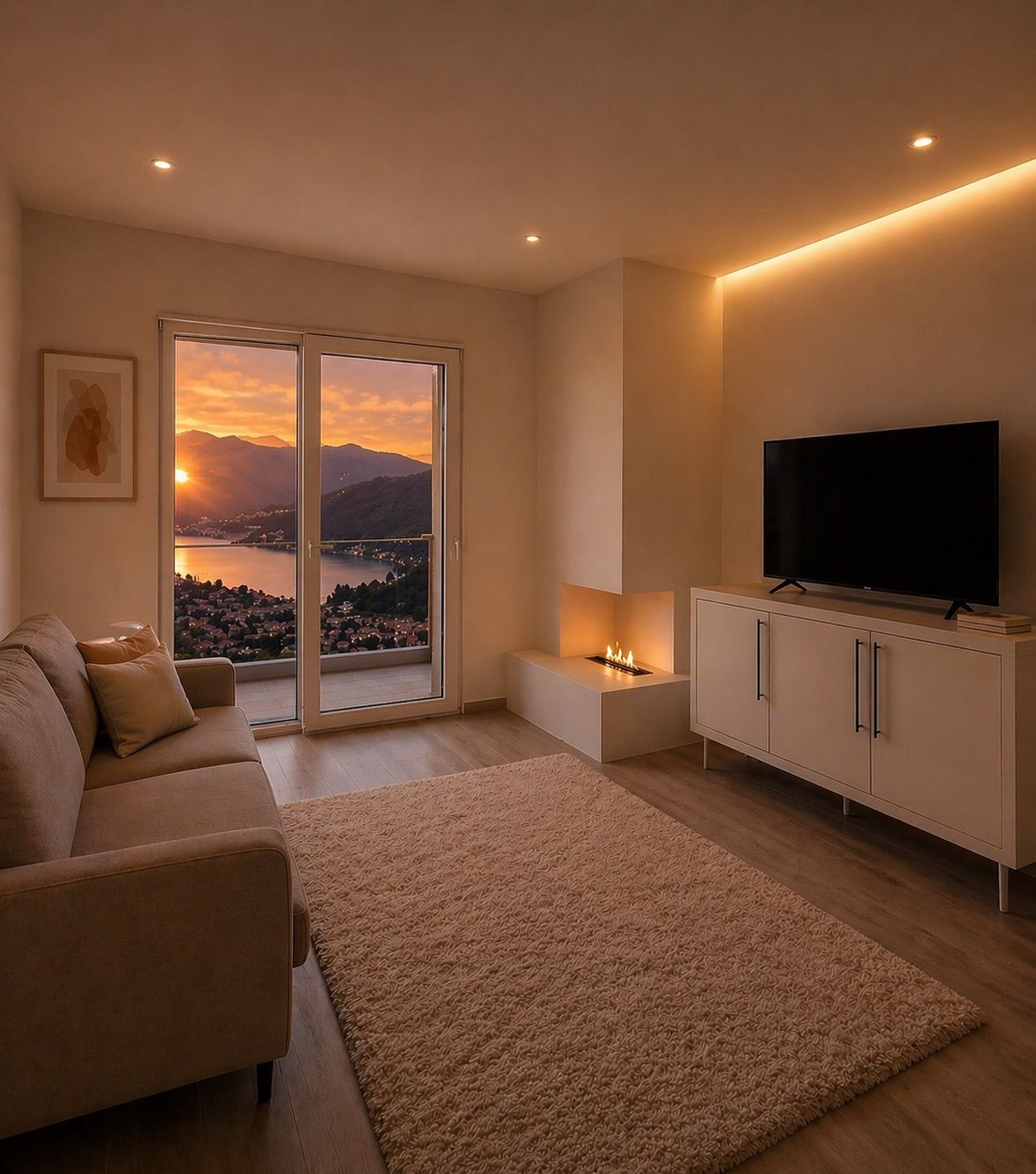 Ein modernes Wohnzimmer mit einer Couch, einem Flachbildfernseher, einem Kamin und Blick auf einen Sonnenuntergang über dem Wasser.