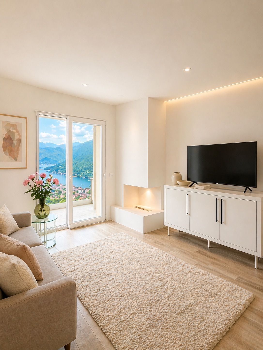Ein modernes Wohnzimmer mit einer Couch, einem Flachbildfernseher und Blick auf eine Berglandschaft durch eine Glastür.