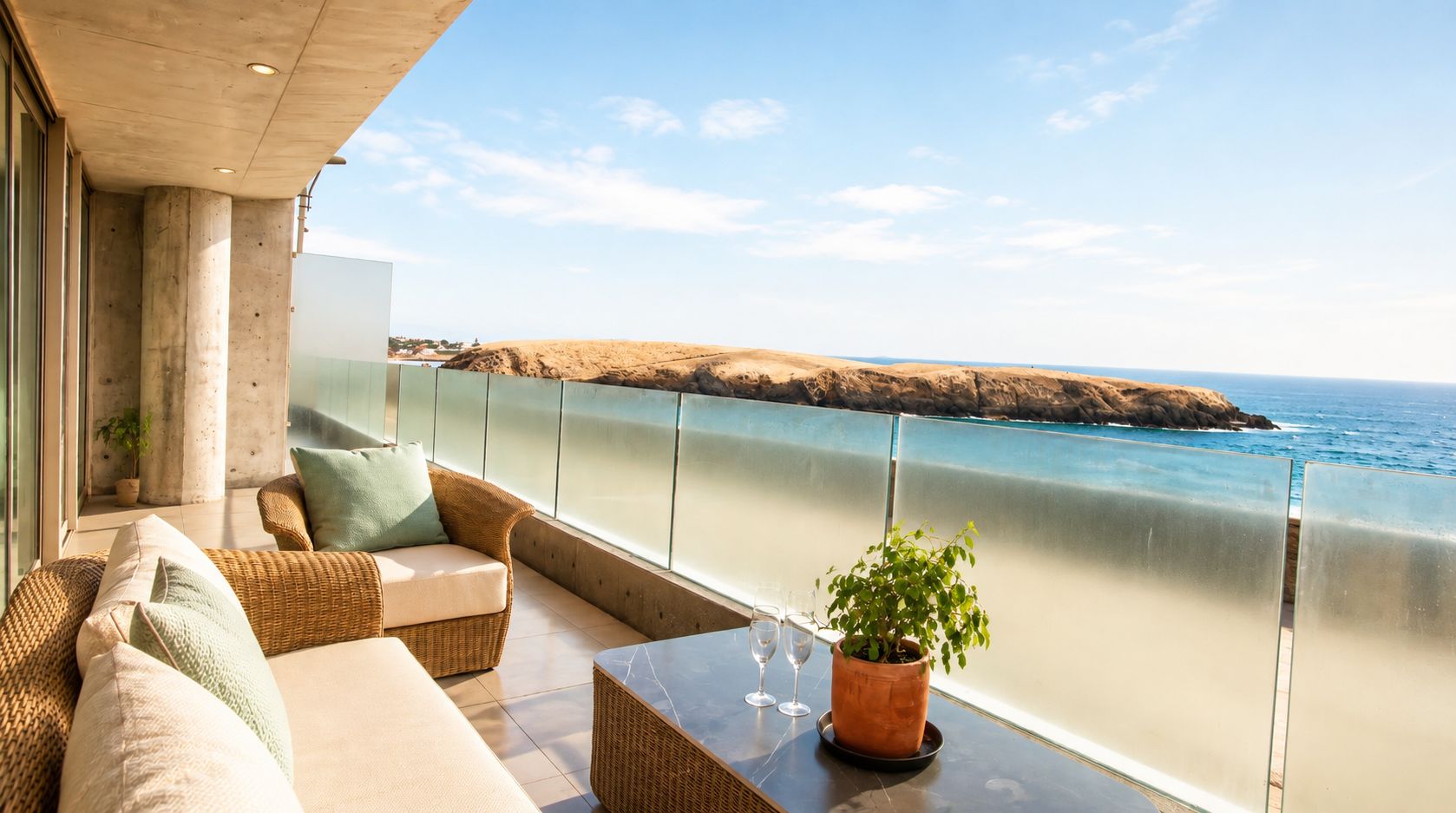 Un balcón con vista al océano, un sofá de mimbre, una mesa con vasos y una planta en maceta.