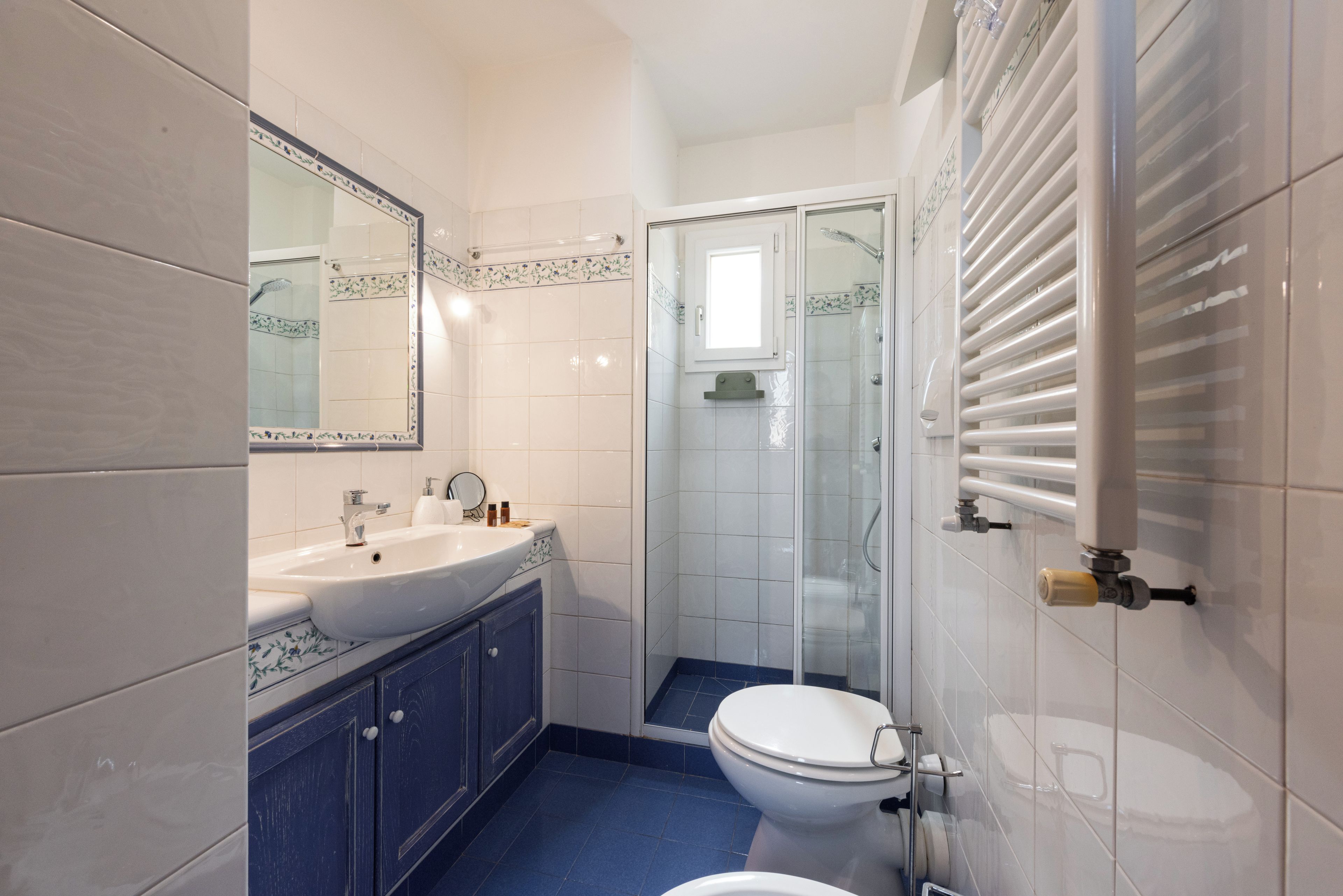 Un baño con un lavamanos blanco, armarios azules, un inodoro y una zona de ducha.